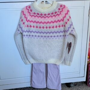 btween Cream Sweater with Pink and Purple Pattern